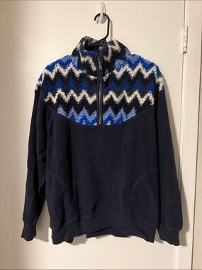 aerie Fleece Quarter-Zip with Chevron Pattern - Navy Blue, Size: XS